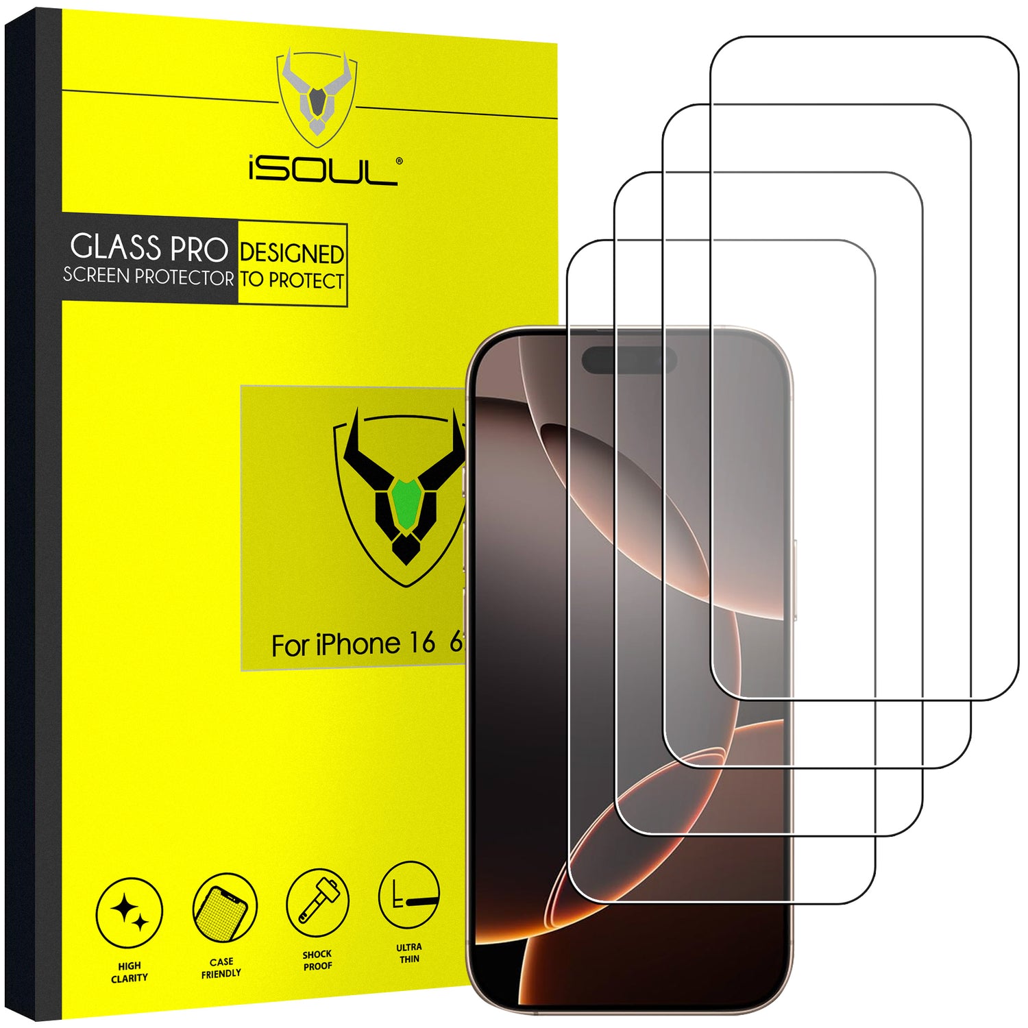 iSOUL Screen Protector for iPhone 16 Pro 6.3 Inch Tempered Glass Film Full Coverage, Case Friendly Clear 4 Pack