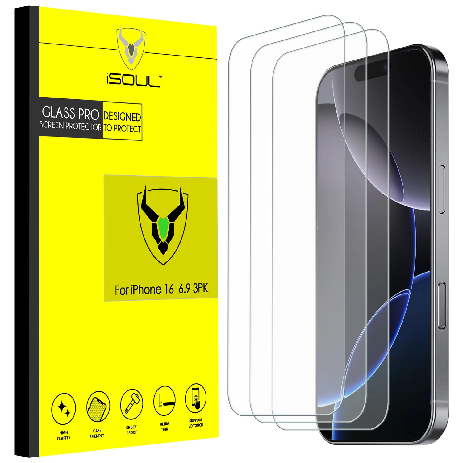 iSOUL Screen Protector for iPhone 16 Pro 6.9 Inch Tempered Glass Film Full Coverage, Case Friendly Clear 3 Pack