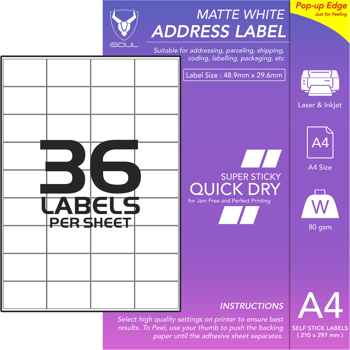 Self Adhesive Address Labels 36 Labels per Sheet 49mm x 30mm iSOUL