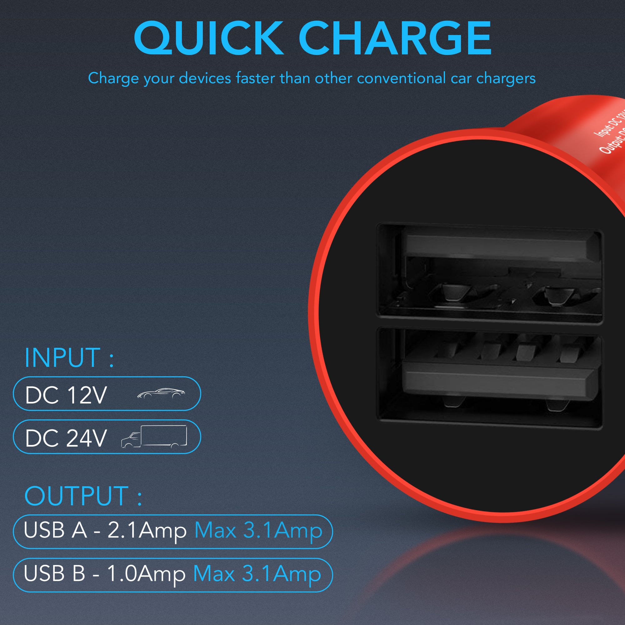 Red Car Charger, Fast Charging Dual USB 3.1A Car Phone Charger