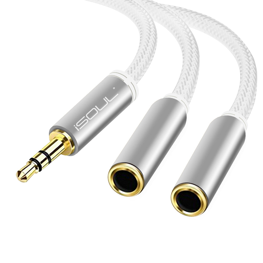 Premium Quality 3.5 mm Audio Jack Splitter for Headphones Silver Braided - iSOUL