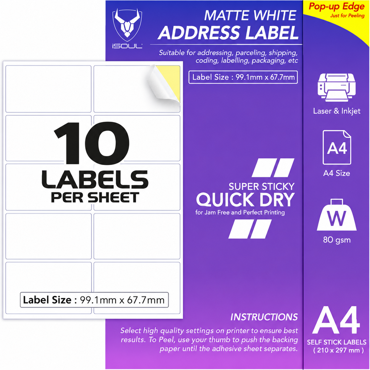 10 Labels Per A4 Sheet, 50 Sheets 500 Sticky Label, Printable Sticker Paper, iSOUL Matte Self Adhesive Adress Mailing, Shipping, Postage, Laser & Inkjet Printer Compatible 99 x 57 Labels [Quickdry]