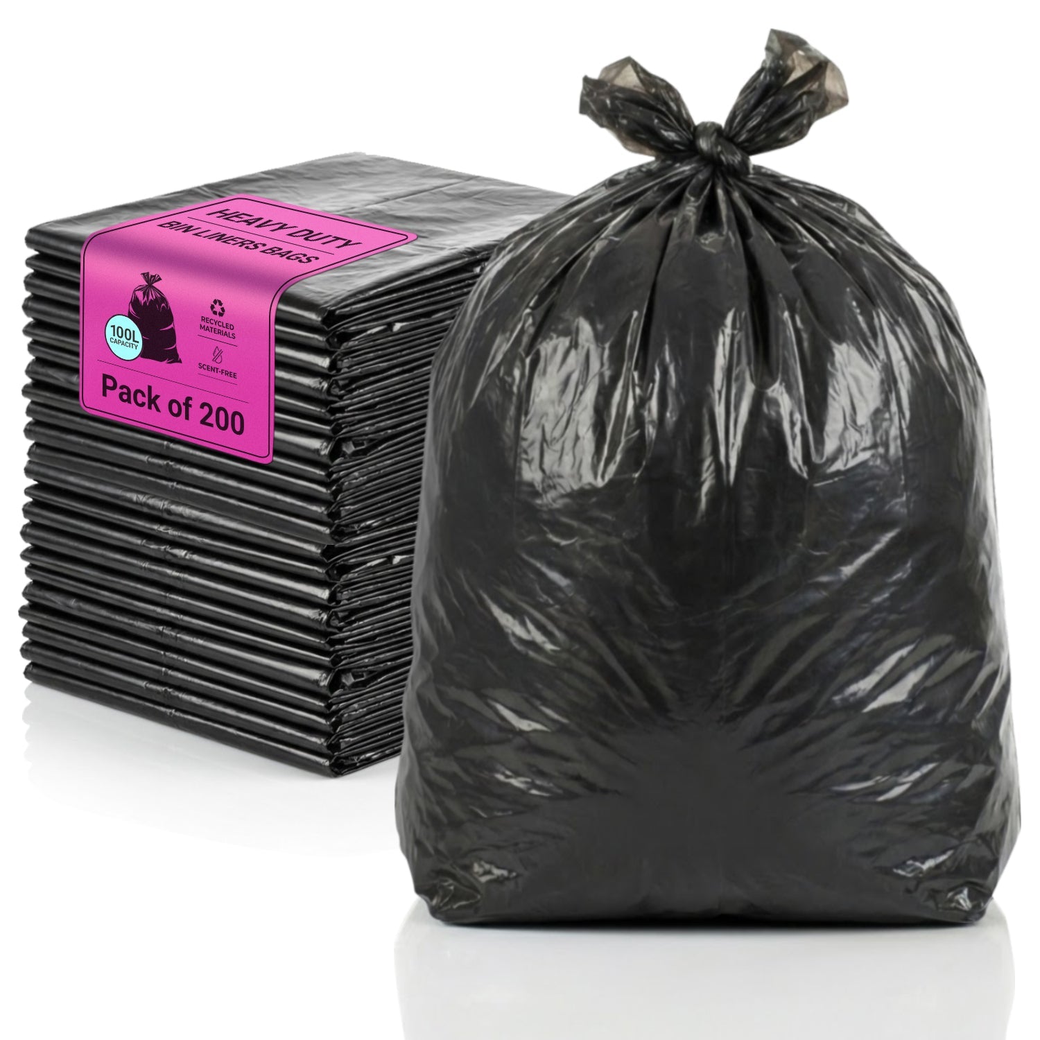iSOUL Bin Bags, Large Bin Bags Heavy Duty Refuse Sacks Strong 18x29x39 Bin Liners Household Rubbish Waste Garbage Bags Black 100L Capacity Wheelie Bin Bag 200 Pack