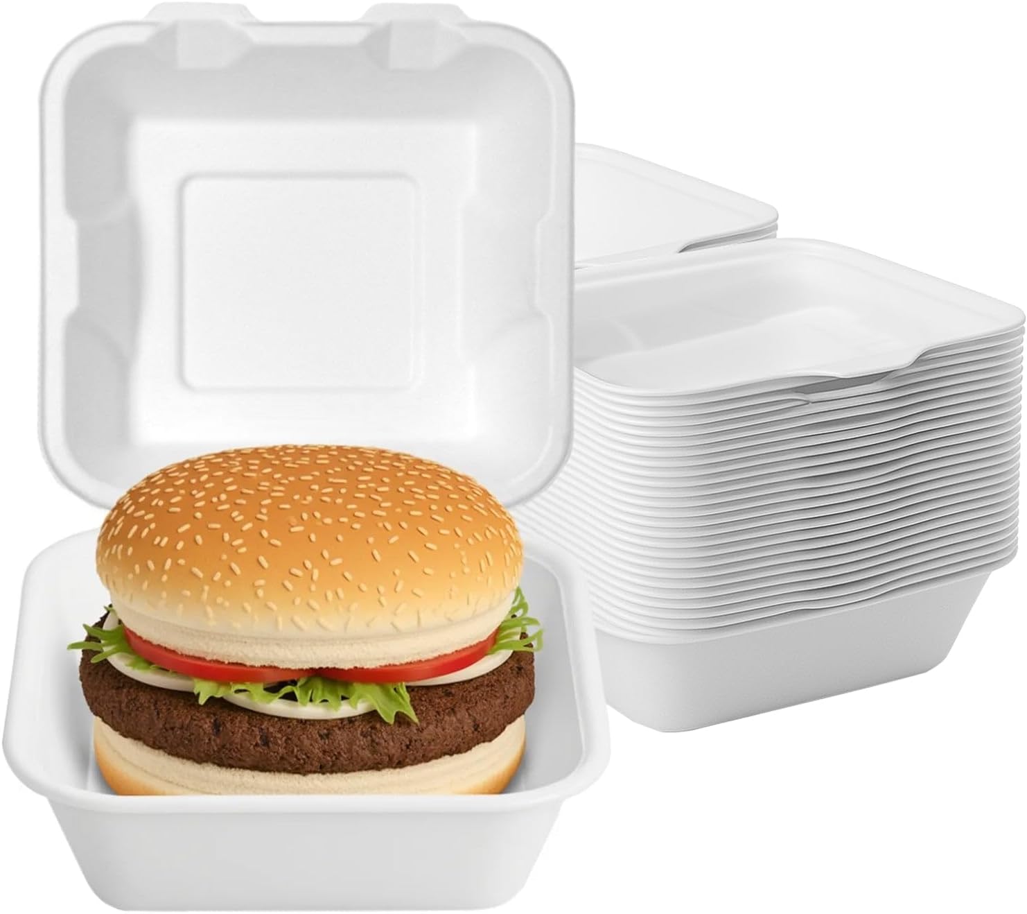 Takeaway Burger Boxes 50 Pack Strong 6x6 Inch Clamshell Box Disposable Bagasse Sugarcane Closure Microwave Safe Compostable Container for Hot & Cold Food Catering Birthday Party Office Picnic White