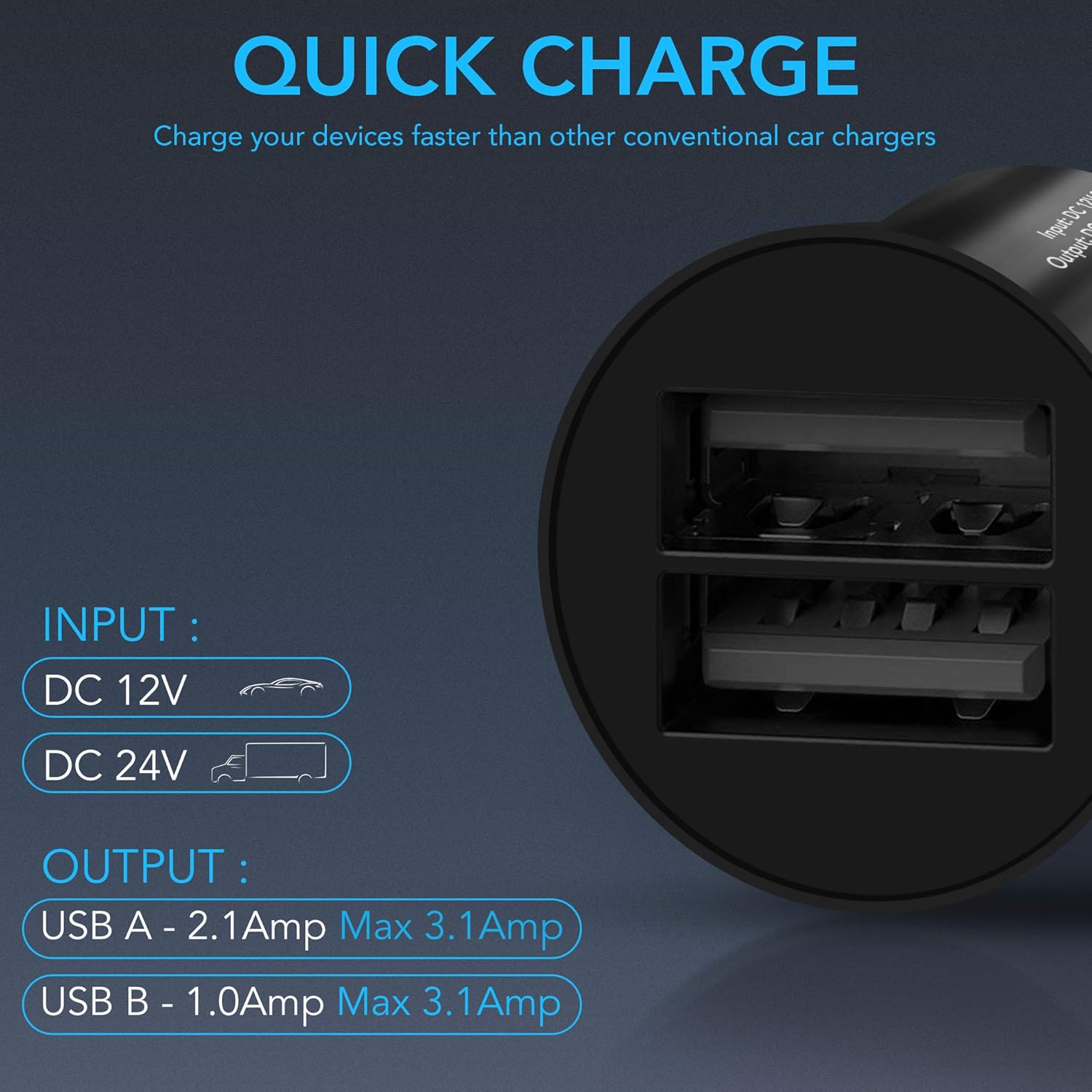 iSOUL Car Charger, USB Car Cigarette Lighter Charger, 12V/24V (DC 5V) 3.1A USB car phone charger Adapter 2-Port, Fast Charging for iPhone 13 14 12 11 X Pro Max Samsung Galaxy iOS Android Devices Black