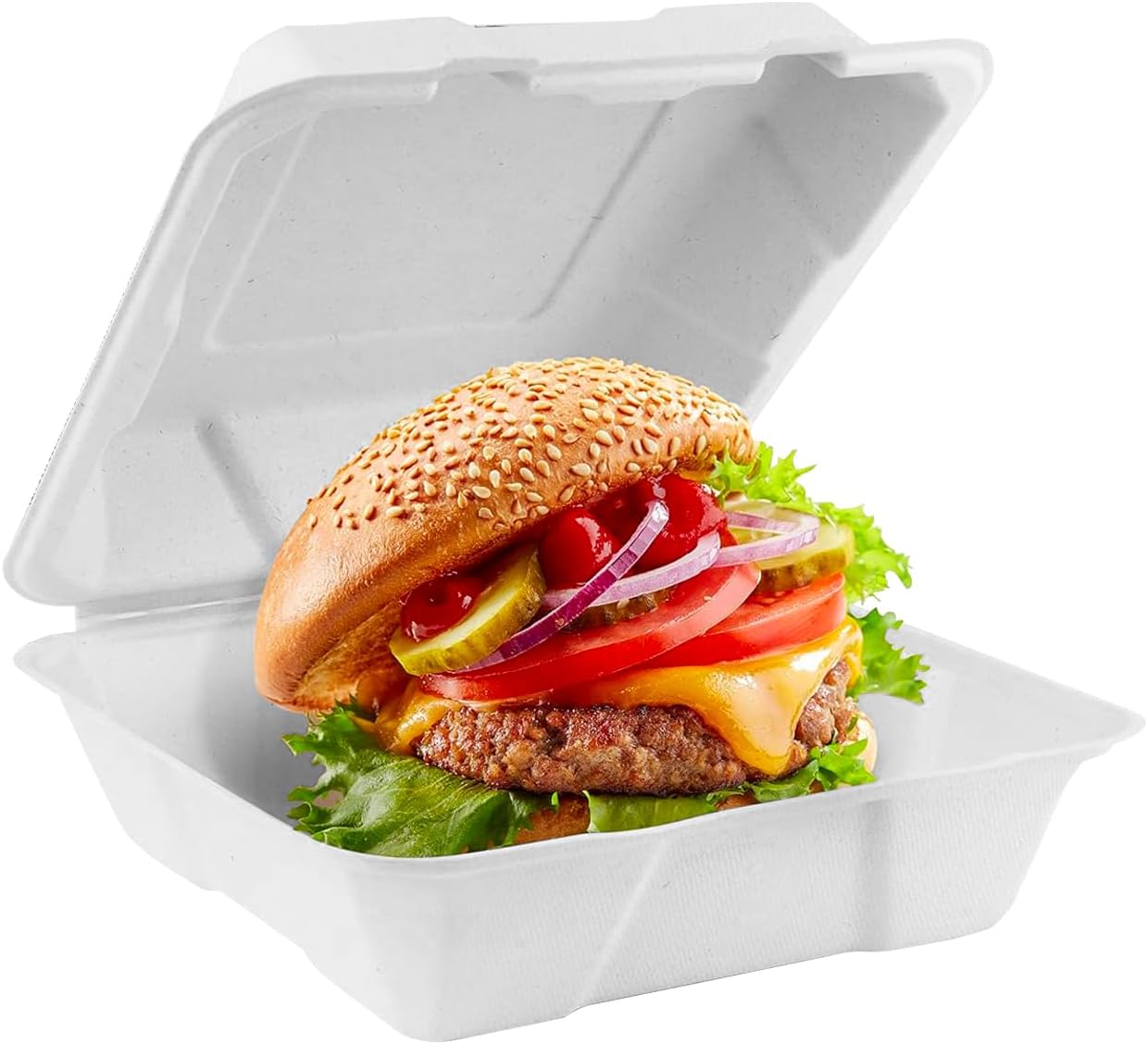 Takeaway Burger Boxes 50 Pack Strong 6x6 Inch Clamshell Box Disposable Bagasse Sugarcane Closure Microwave Safe Compostable Container for Hot & Cold Food Catering Birthday Party Office Picnic White