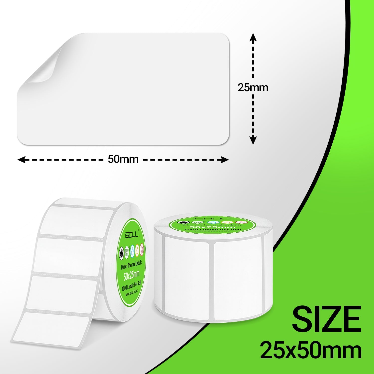 iSOUL Direct Thermal Labels, 50mm x 25mm Self-Adhesive Perforated UPC Barcode FBA Labels Stickers Compatible with Rollo, Zebra, MUNBYN, Toshiba, Citizen, Eltron Printers 1 Roll