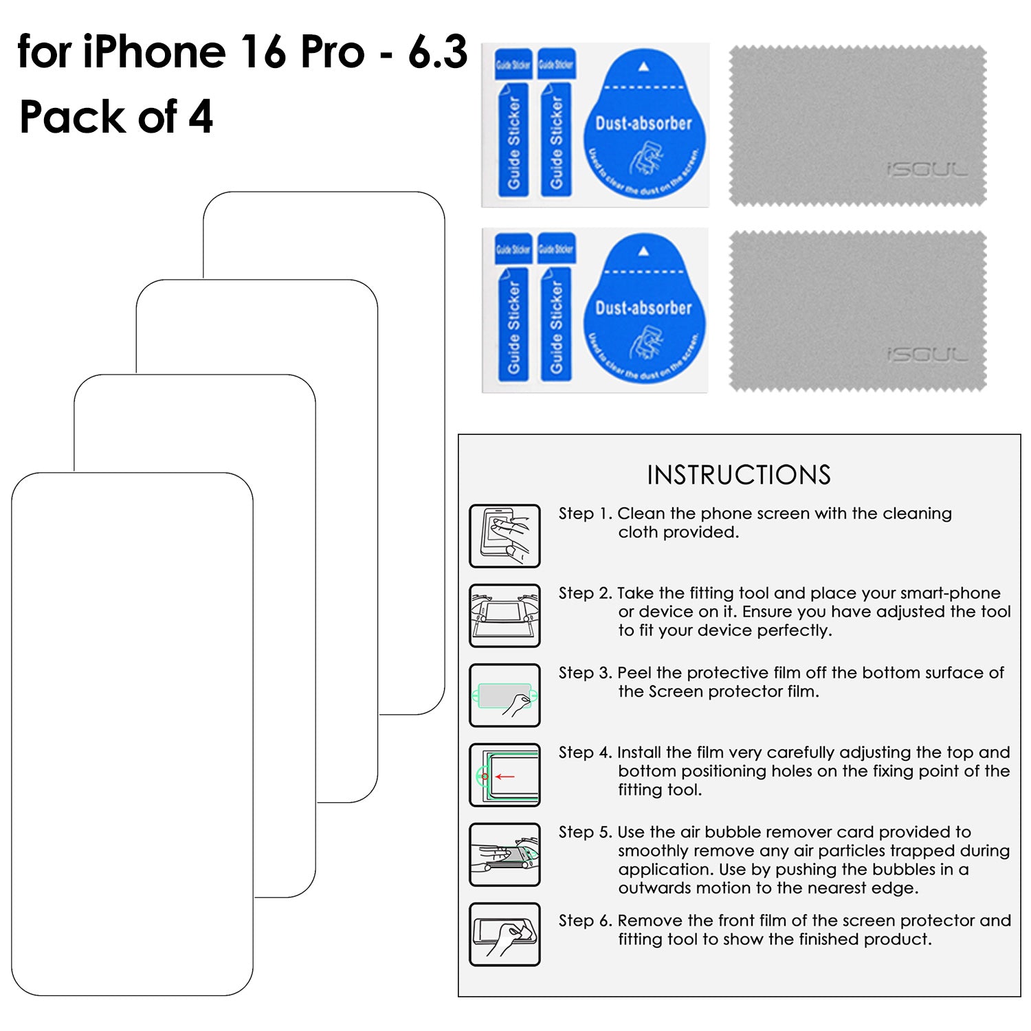 iSOUL Screen Protector for iPhone 16 Pro 6.3 Inch Tempered Glass Film Full Coverage, Case Friendly Clear 4 Pack