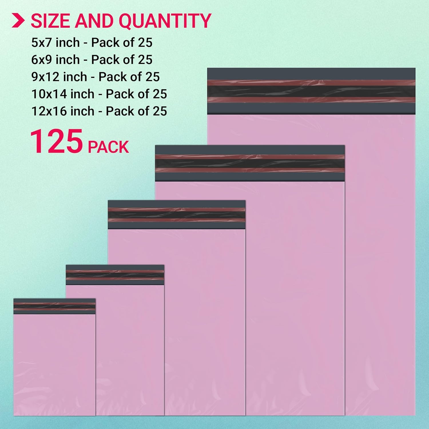 125 Mixed Baby Pink Parcel Bags, Tamper-Proof Strong Postal Packaging Bags for Shipping, Mailing & Delivery, 5 Sizes Small to Large, 25 Each