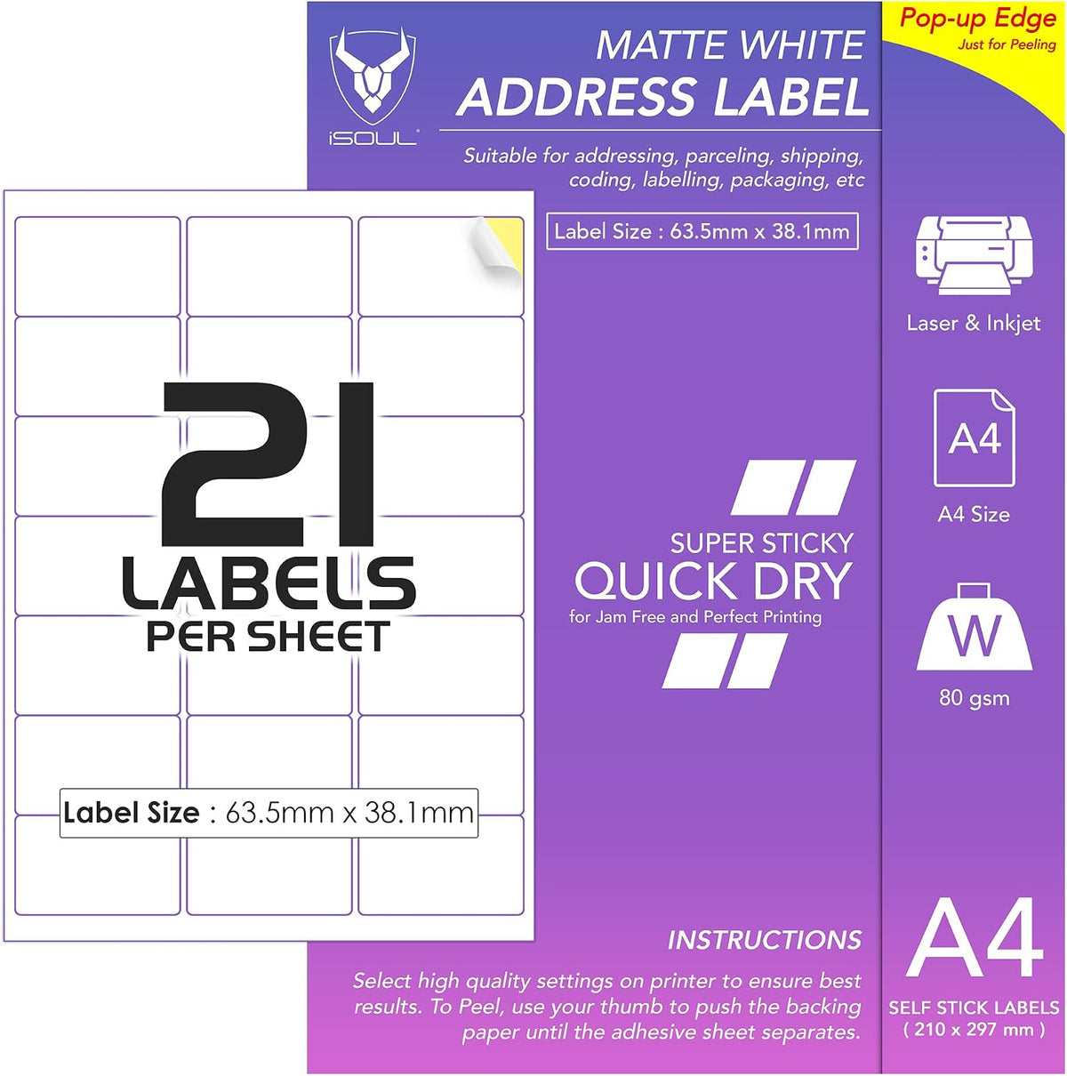 21 Labels Per A4 Sheet, 50 Sheets 1050 Sticky Label, Printable Sticker Paper, iSOUL Matte Self Adhesive Address Mailing, Shipping, Postage, Laser & Inkjet Printer Compatible [QuickDry]