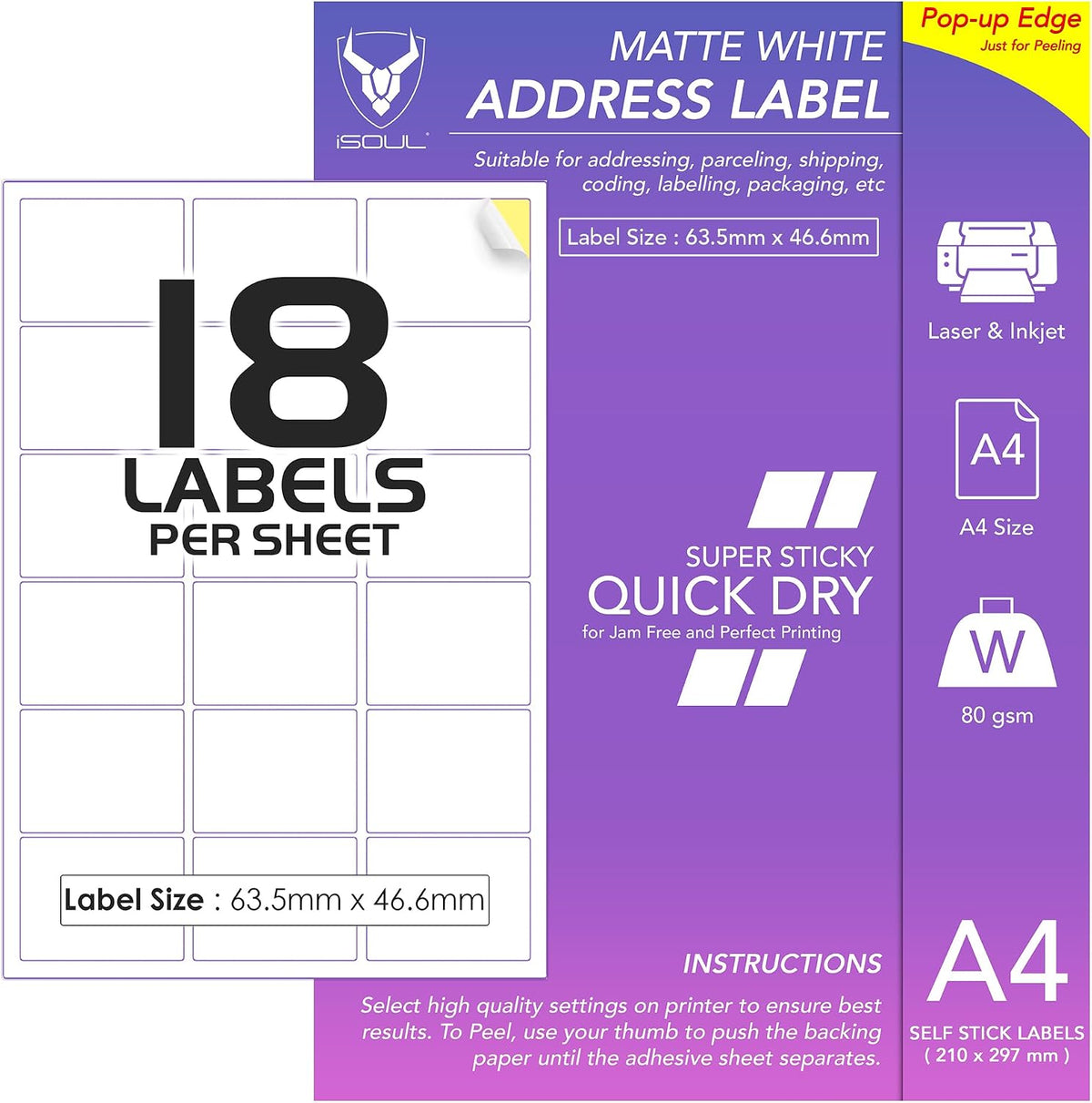 18 Labels Per A4 Sheet, 50 Sheets 900 Sticky Label, Printable Sticker Paper, iSOUL Matte Self Adhesive Address Mailing, Shipping, Postage, Laser & Inkjet Printer Compatible [QuickDry]