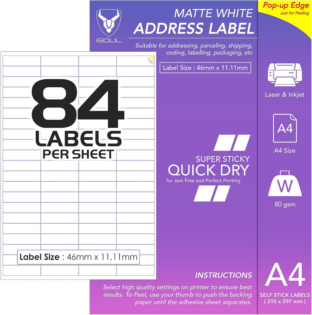 84 Labels Per A4 Sheet, 50 Sheets 4200 Sticky Label, Printable Sticker Paper, iSOUL Matte Self Adhesive Address Mailing, Shipping, Postage, Laser & Inkjet Printer Compatible [QuickDry]