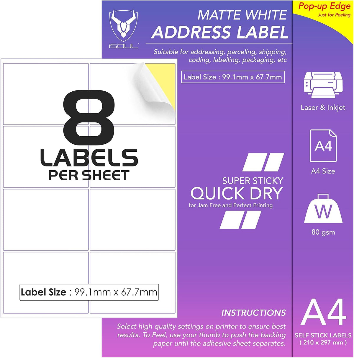 8 Labels Per A4 Sheet, 50 Sheets 400 Sticky Label, Printable Sticker Paper, iSOUL Matte Self Adhesive Address Mailing, Shipping, Postage, Laser & Inkjet Printer Compatible [White]