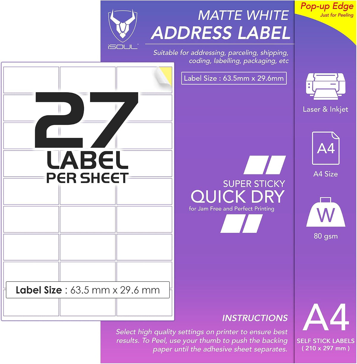 27 Labels Per A4 Sheet, 50 Sheets 1350 Sticky Label, Printable Sticker Paper, iSOUL Matte Self Adhesive Address Mailing, Shipping, Postage, Laser & Inkjet Printer Compatible [Quickdry]