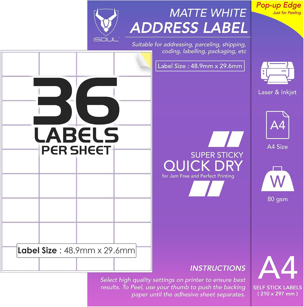 36 Labels Per A4 Sheet, 50 Sheets 1800 Sticky Label, Printable Sticker Paper, iSOUL Matte Self Adhesive Address Mailing, Shipping, Postage, Laser & Inkjet Printer Compatible [QuickDry]