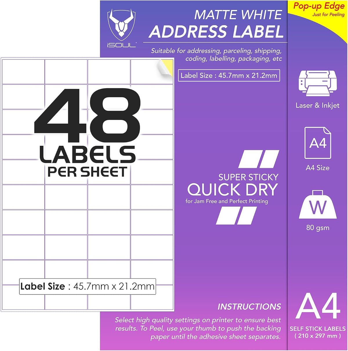 48 Labels Per A4 Sheet, 50 Sheets 2400 Sticky Label, Printable Sticker Paper, iSOUL Matte Self Adhesive Address Mailing, Shipping, Postage, Laser & Inkjet Printer Compatible [Quickdry]