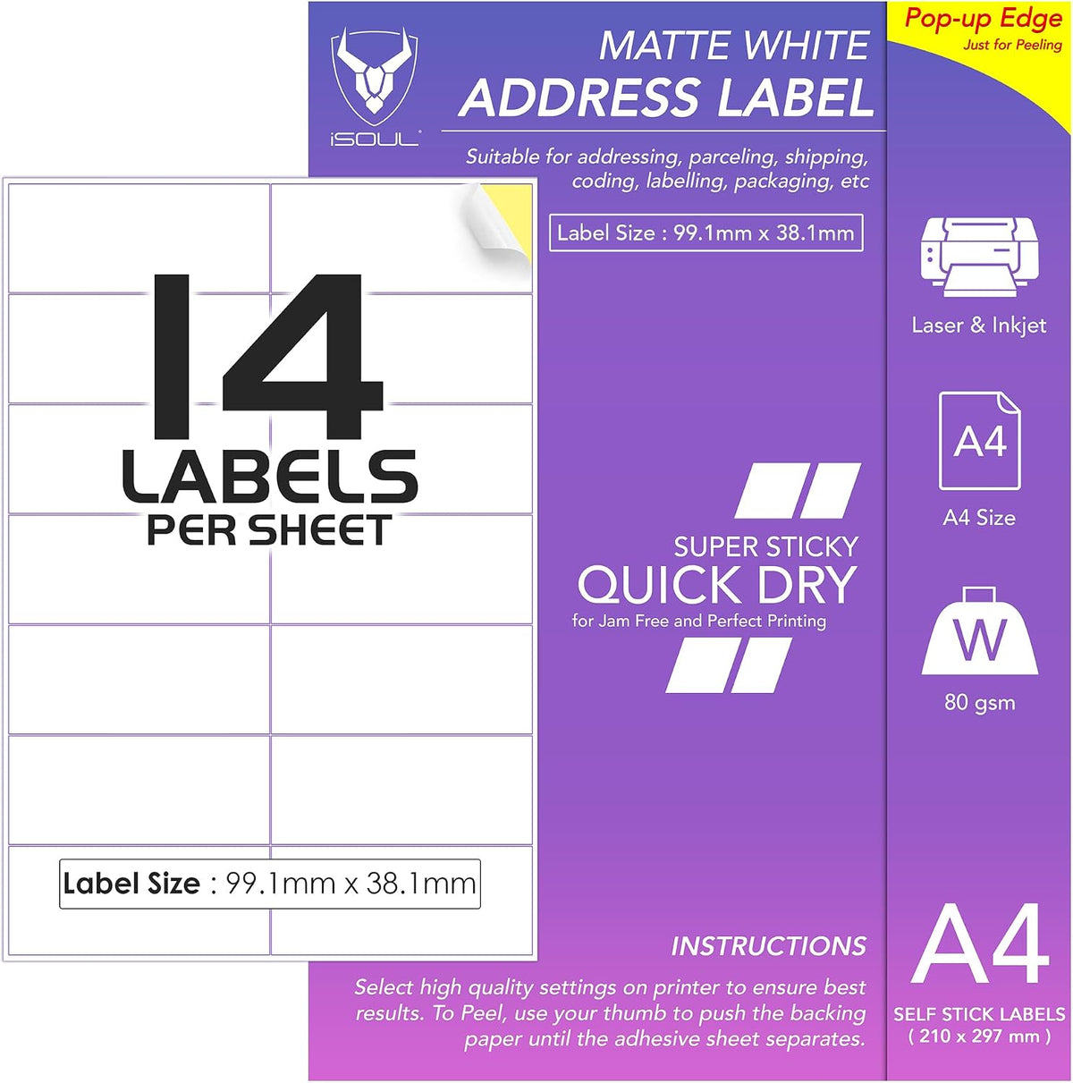14 Labels Per A4 Sheet, 50 Sheets 700 Sticky Label, Printable Sticker Paper, iSOUL Matte Self Adhesive Adress Mailing, Shipping, Postage, Laser & Inkjet Printer Compatible [QuickDry]