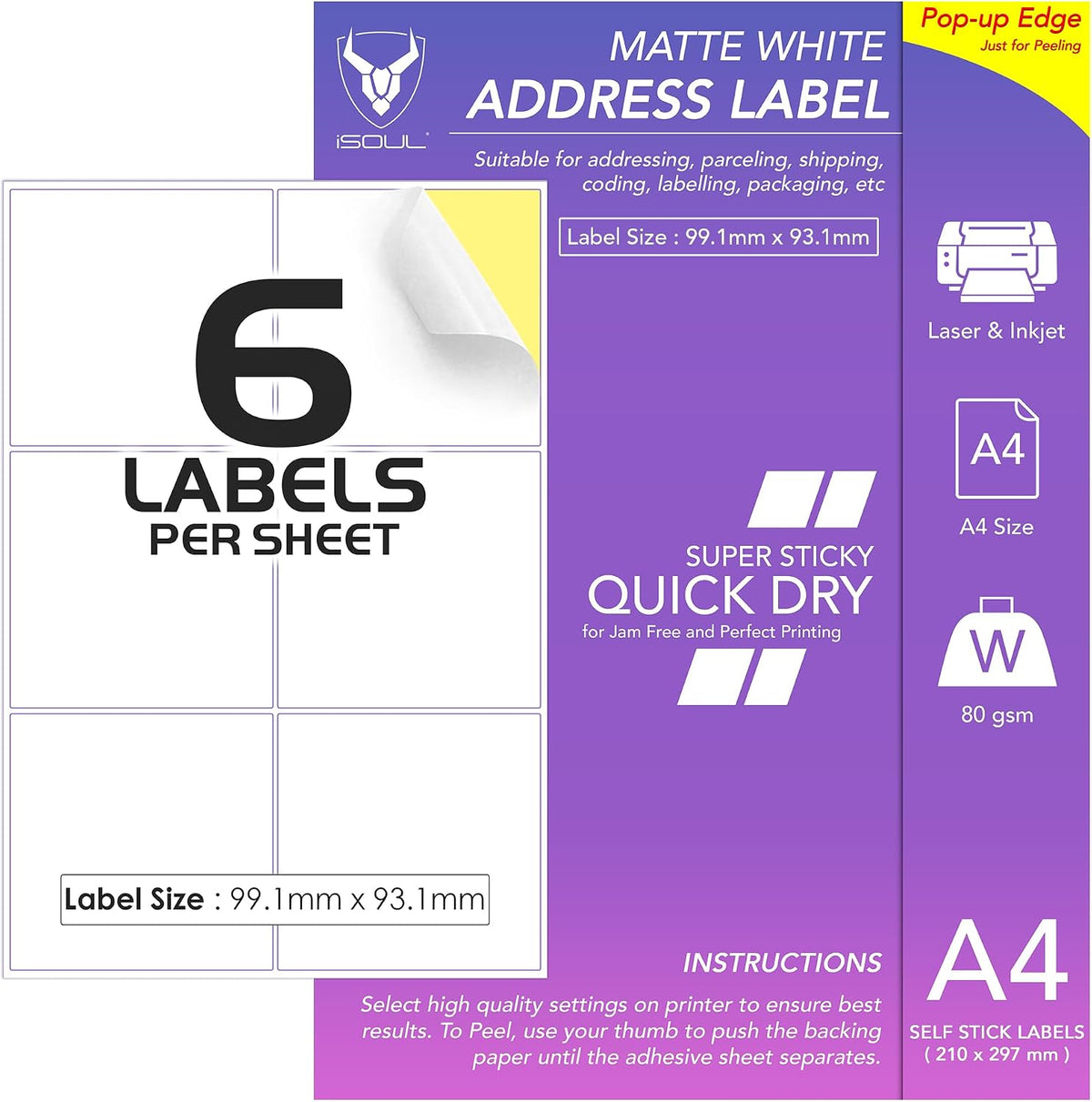6 Labels Per A4 Sheet, 50 Sheets 300 Sticky Label, Printable Sticker Paper, iSOUL Matte Self Adhesive Address Mailing, Shipping, Postage, Laser & Inkjet Printer Compatible [Quickdry]