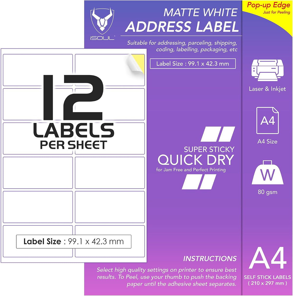12 Labels Per A4 Sheet, 50 Sheets 600 Sticky Label, Printable Sticker Paper, iSOUL Matte Self Adhesive Address Mailing, Shipping, Postage, Laser & Inkjet Printer Compatible [QuickDry]