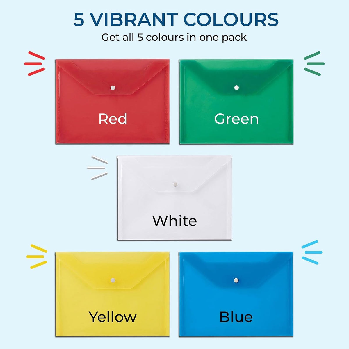 Ten assorted colour A4 document wallets for classrooms and offices