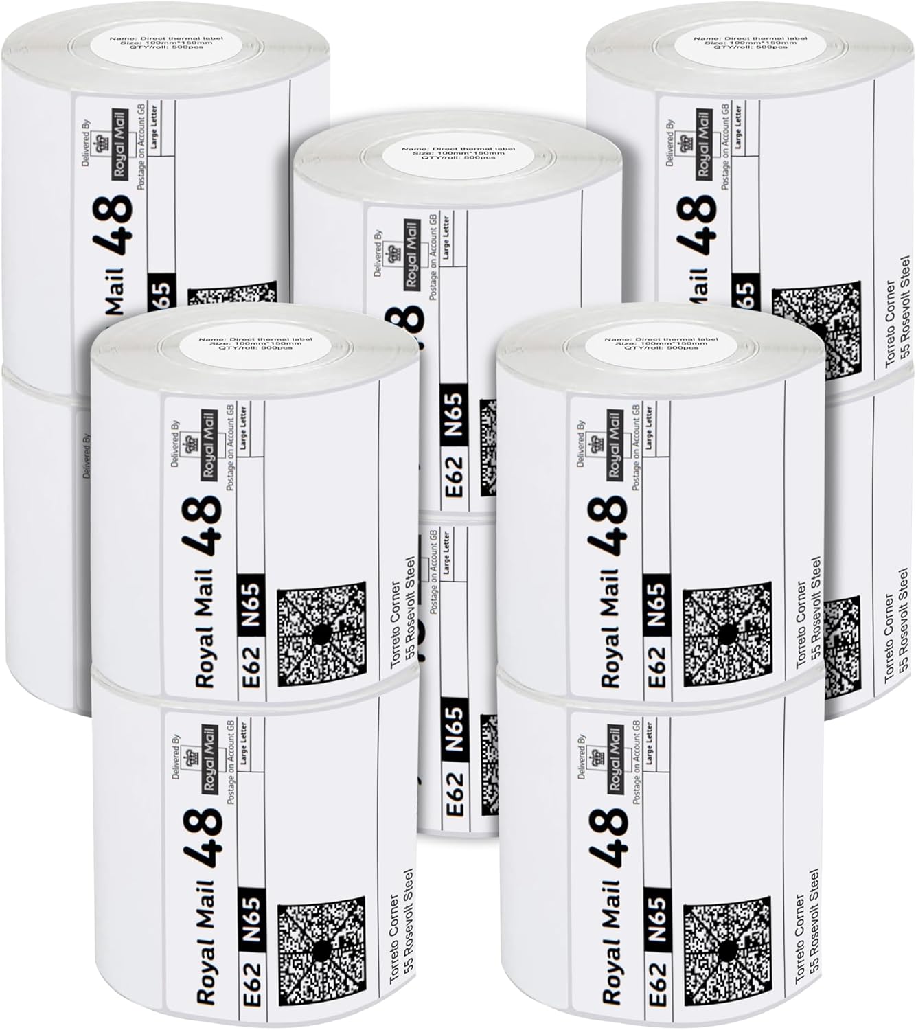 iSOUL 4X6 Direct Thermal Printer Labels Roll 100mm x 150mm 500 White Permanent Adhesive Shipping Labels Rolls Compatible with Etsy, Shopify, Amazon, Royal Mail, FedEx (10 Rolls)