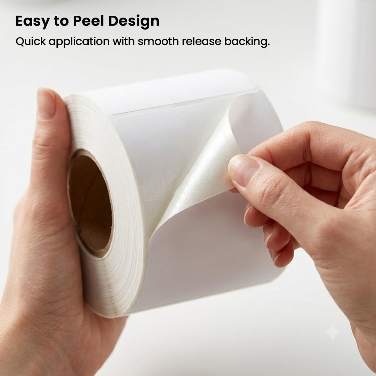 500 white direct thermal labels in Z-fold fanfold stack showing pack depth