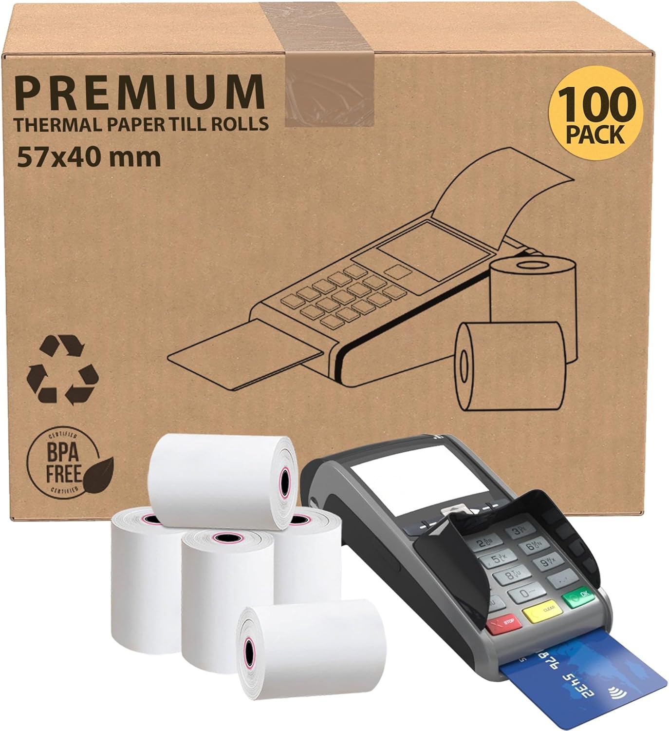 iSOUL 57 x 40mm Till roll, Card Machine Paper Rolls, 100-Pack POS, PDQ Rolls, Thermal Receipt Printer Rolls for Credit Card Machine Rolls, EPOS Compatible with Clover Flex Verifone Ingenico Paypoint