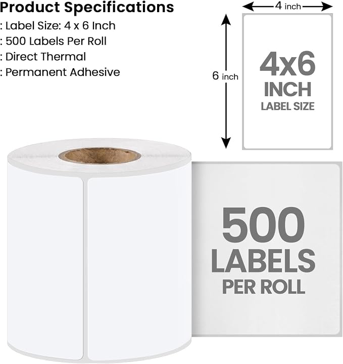 iSOUL 4x6 Direct Thermal Shipping Labels 500 Roll | 100x150mm White Self-Adhesive | Compatible with Zebra, MUNBYN | Royal Mail, Amazon, Click & Drop | BPA-Free