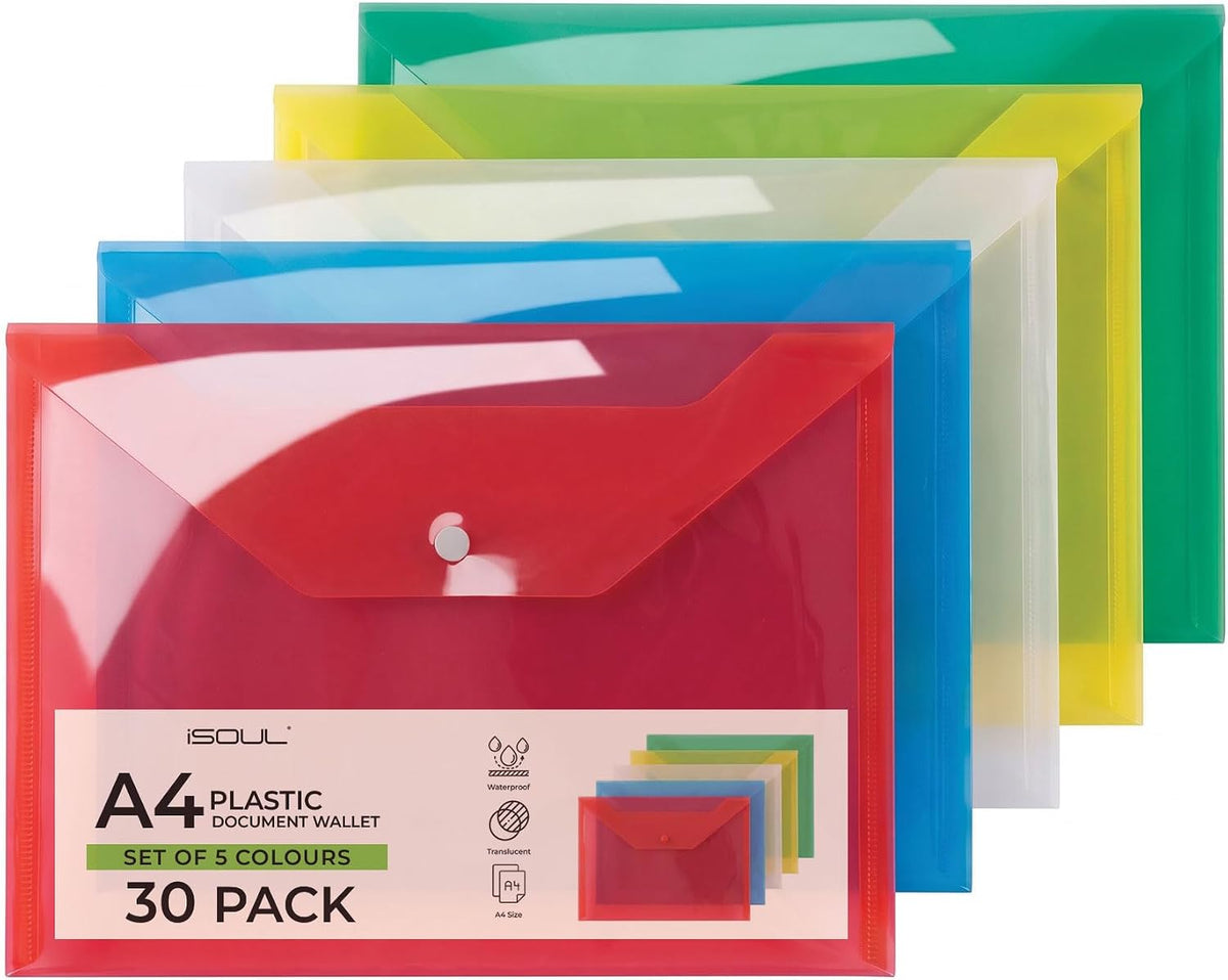 A4 plastic wallets 30 pack bulk buy in assorted colours