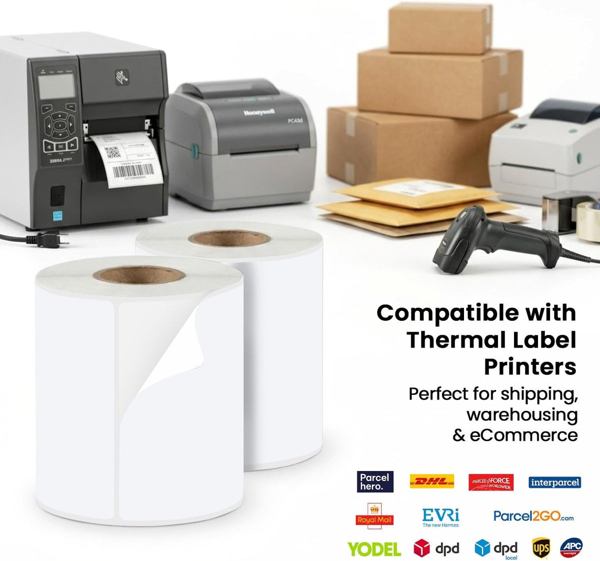 Close-up of printed 100x150mm shipping label with barcode and address text