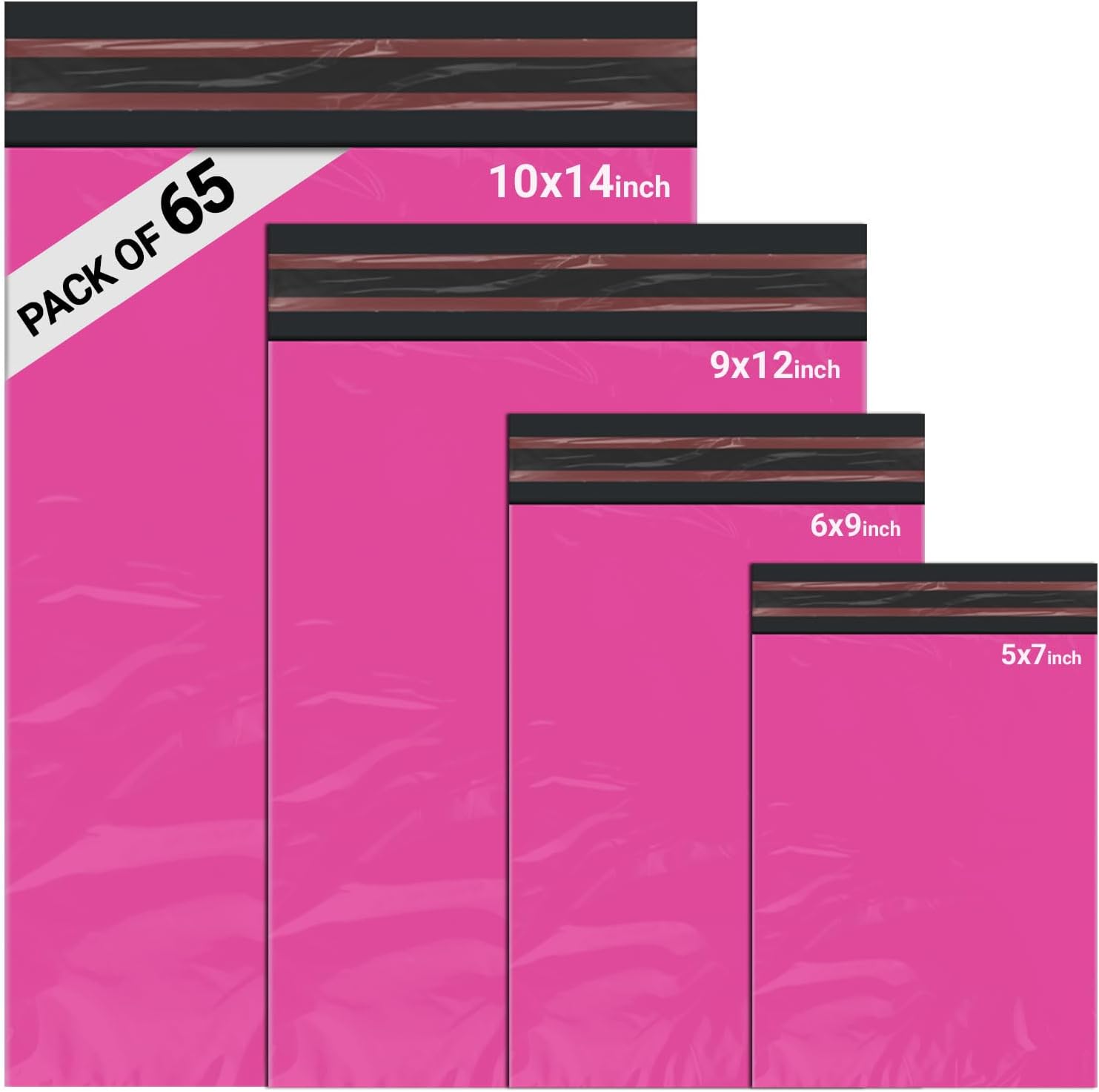 65 Mixed Parcel Bags Hot Pink, Mailer Bags Tamper-Proof Strong Postal Packaging Bags for Shipping, Mailing & Delivery, 4 Sizes Small to Large Bags, 15 Each