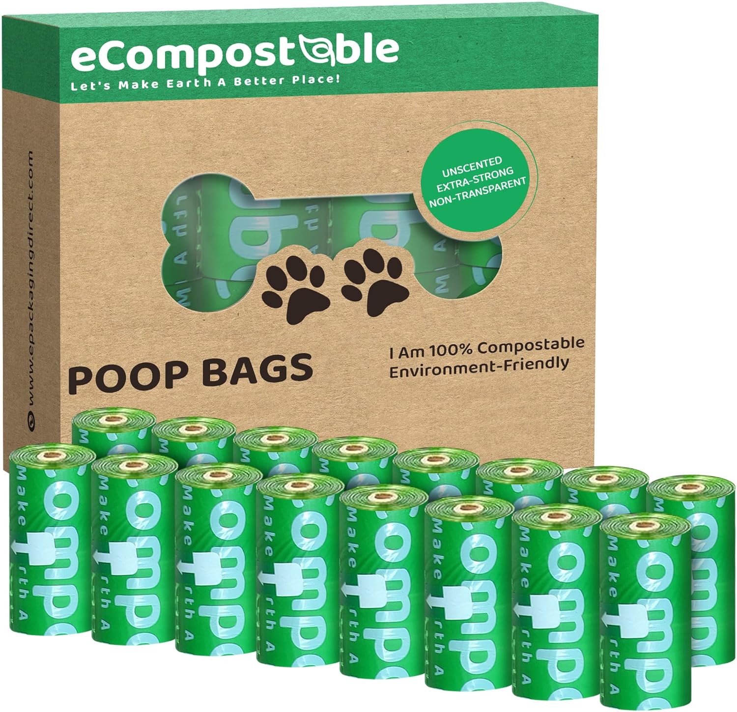 eCompostable Eco-Friendly Poop Bags Compostable Cat Poop Bags - 240 Count (16 Roll) Unscented, Leak-Proof, Compostable Waste Bags for Dogs & Cats, 23x33cm Green