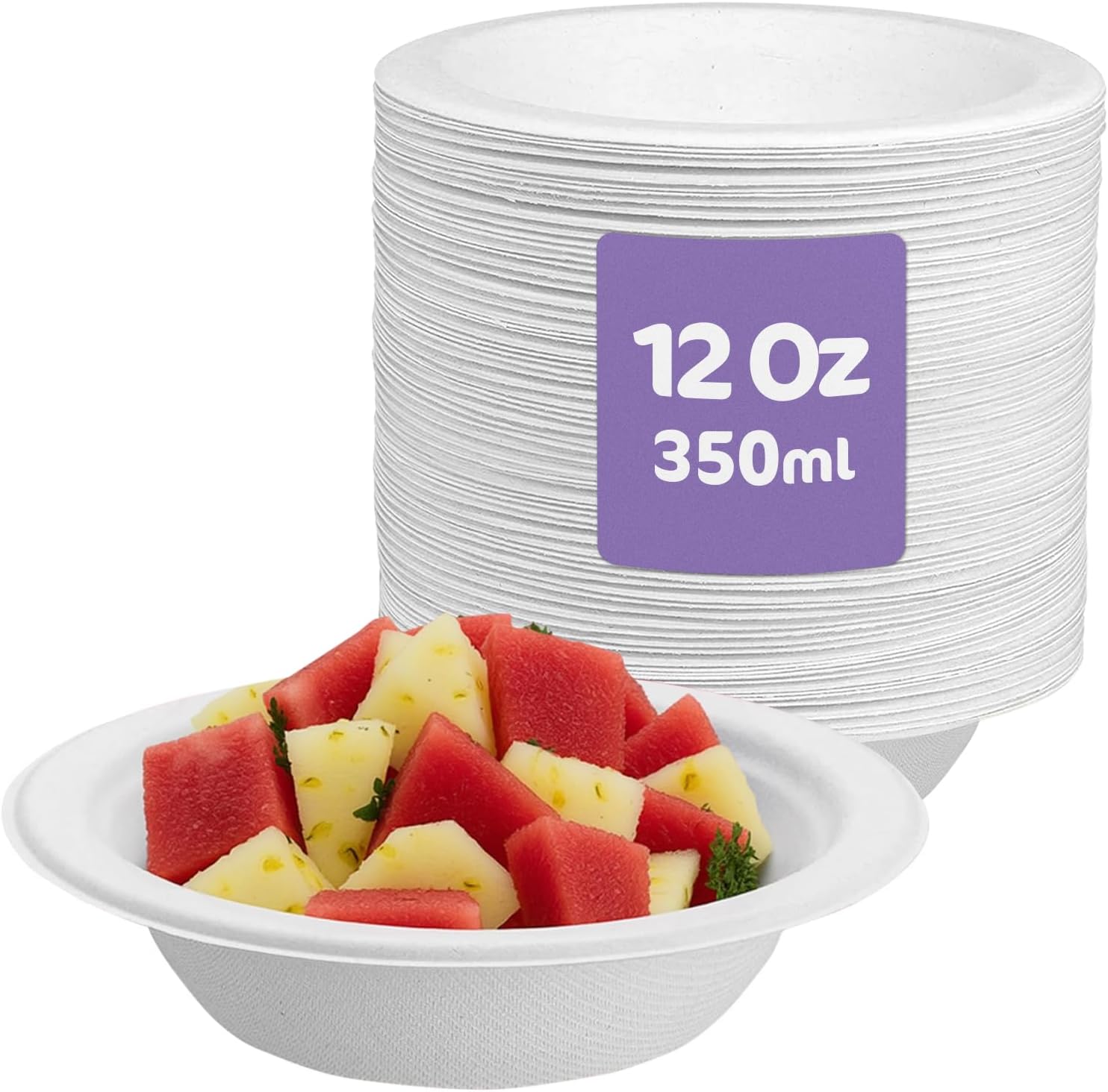 iSOUL Compostable Bagasse Disposable Bowl 350ml, 12oz Eco-Friendly Paper Soup Bowls for Milk Salads, Soups Picnics BBQ Parties Rigid Salad Bowls Sugarcane Paper Bowl White 50 Pack