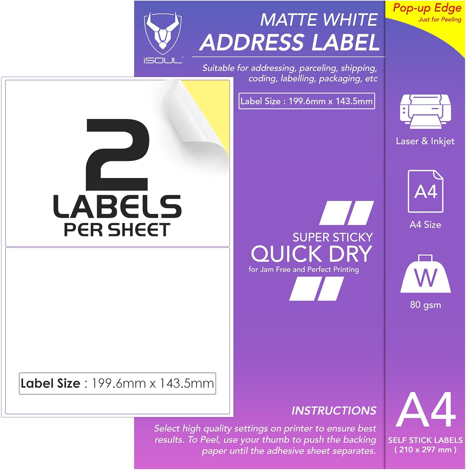2 Labels Per A4 Sheet, 50 Sheets 100 Sticky Label, Printable Sticker Paper, iSOUL Matte Self Adhesive Address Mailing, Shipping, Postage, Laser & Inkjet Printer Compatible [Quickdry]