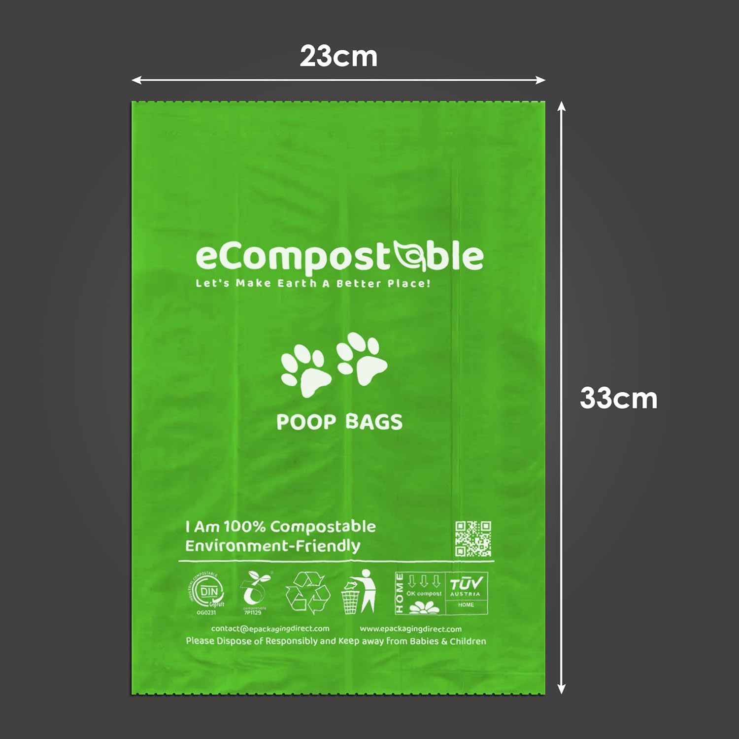 eCompostable Eco-Friendly Poop Bags Compostable Cat Poop Bags - 240 Count (16 Roll) Unscented, Leak-Proof, Compostable Waste Bags for Dogs & Cats, 23x33cm Green