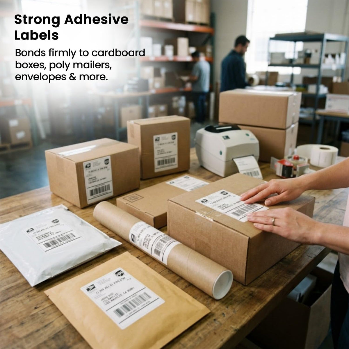 White thermal shipping label peeled showing permanent adhesive backing