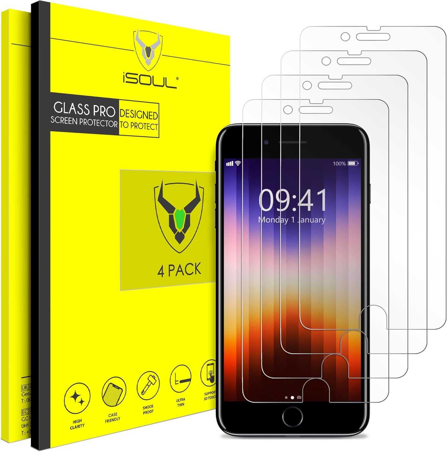 iSOUL 4-Pack Screen Protector for iPhone SE 3/2 (2022/2020 Edition), Tempered Glass iPhone 8/7, 6s/6, 4.7-Inch Tempered Glass Film [Ultra HD] [3D Touch] [Case Friendly] [Lifetime Replacement Support]