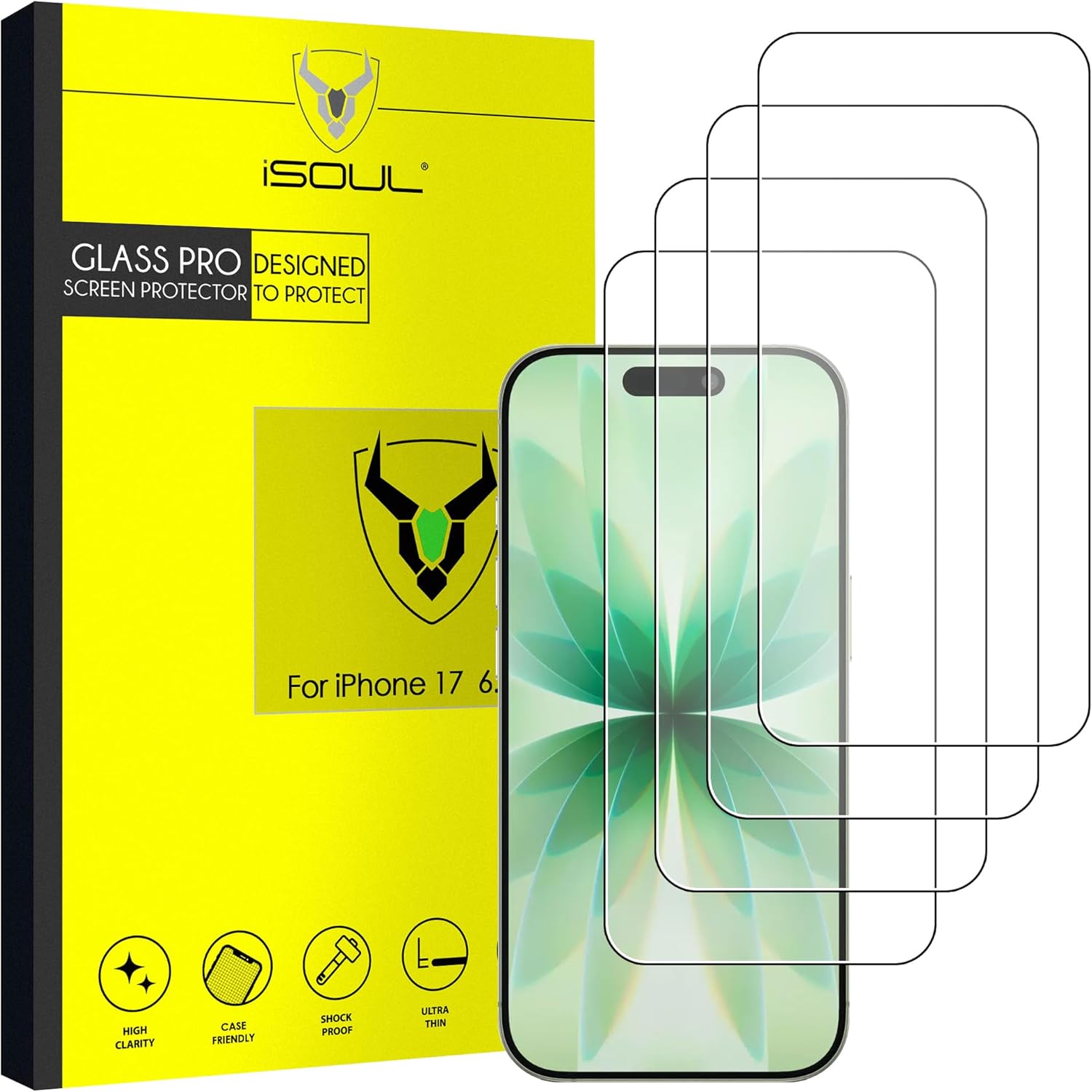 iSOUL Screen Protector for iPhone 17 & 17 Pro Full Protection 9H Tempered Glass Full Coverage Case Friendly Ultra Clear - 4 Pack