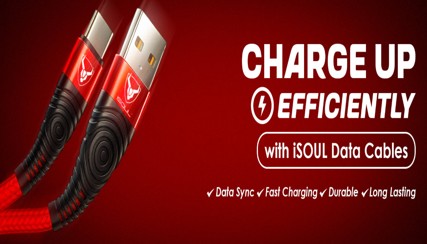 Red USB cables with iSOUL branding on a red background, featuring text about data sync, fast charging, durability, and longevity.