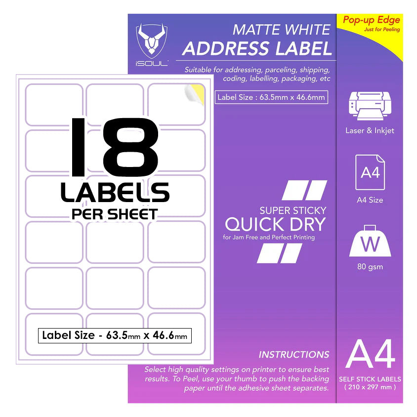 Sticky Labels for Printer - 18 Labels per Sheet - 63mm x 47mm