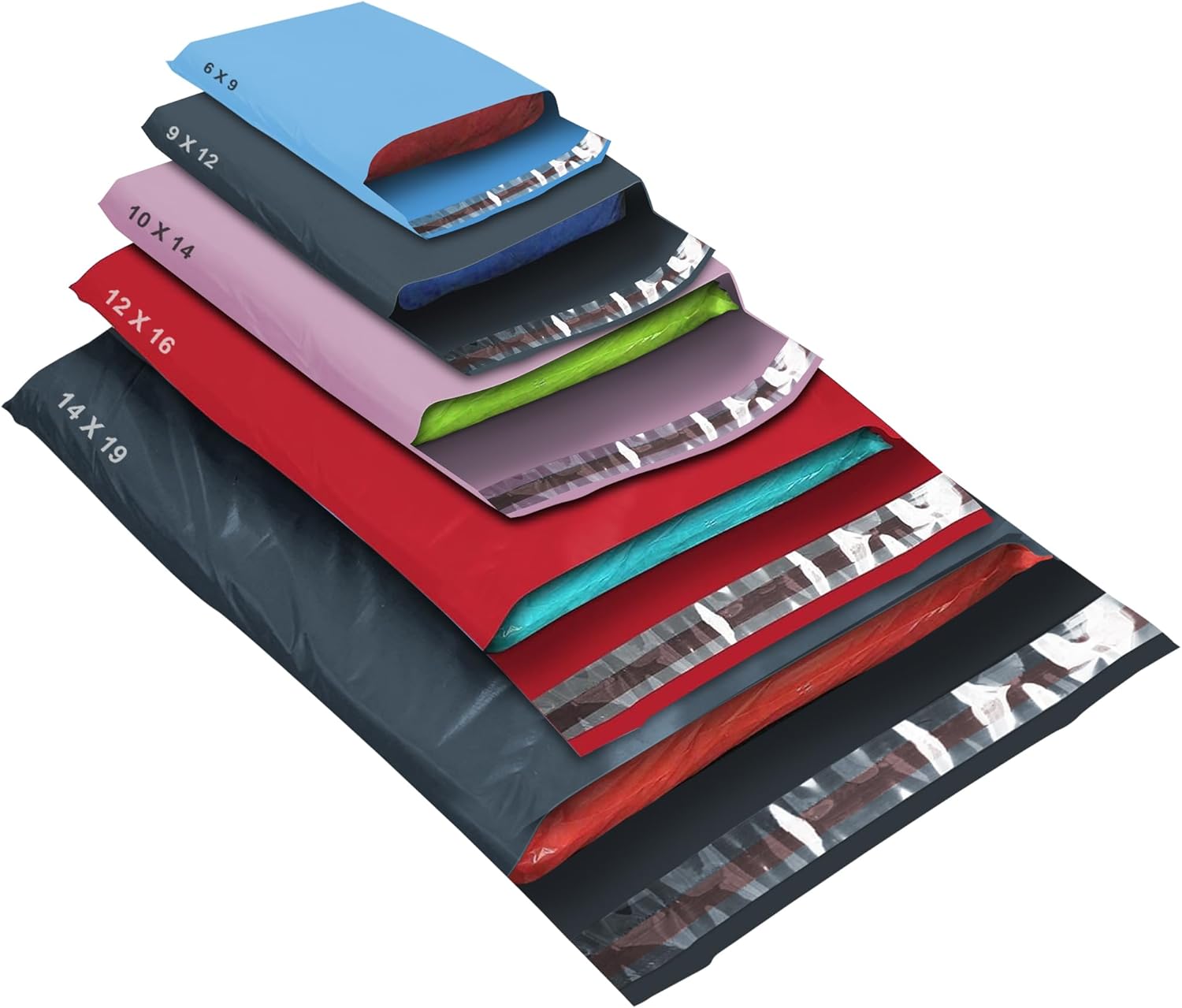 50 Mixed Size Color Mailing Bags, Self Seal Strong Waterproof Poly Plastic Envelopes for Parcels, Packaging, Small, Medium, Large Mail, Shipping Courier Delivery Bags 5 Sizes, Multi Color