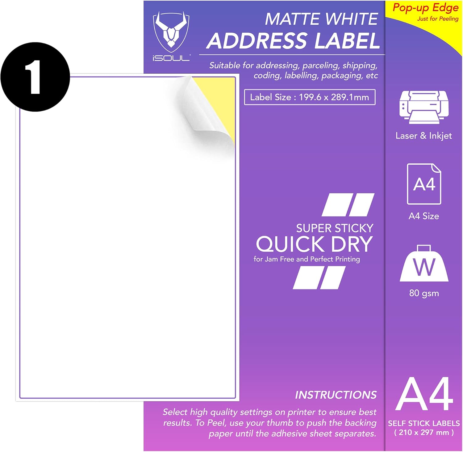 Address Labels, Self Adhesive Labels, 1 Labels Per A4 Sheet, 100 Labels |210 x 287mm Matte Sticker Label Paper | Printable Sticky Back | Inkjet & Laser Printing | 100 Sheet, 1 Labels Per Page