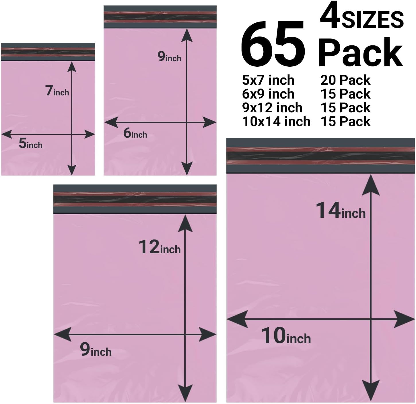65 Mixed Parcel Bags Baby Pink, Mailer Bags Tamper-Proof Strong Postal Packaging Bags for Shipping, Mailing & Delivery, 4 Sizes Small to Large Bags, 15 Each