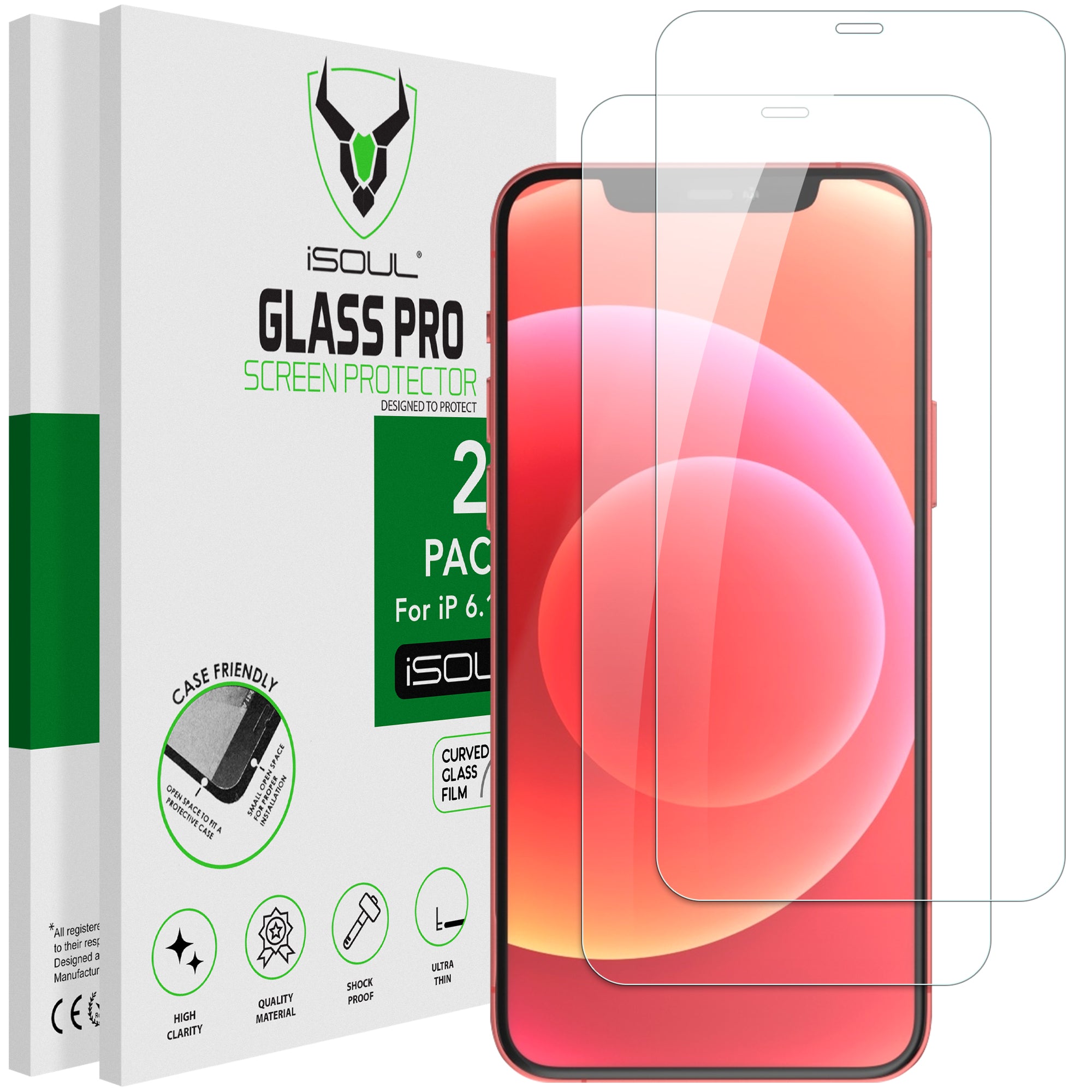 Screen Protector for iPhone 12/12 Pro 6.1 Inch, iSOUL Tempered Glass HD Film, 2-Pack
