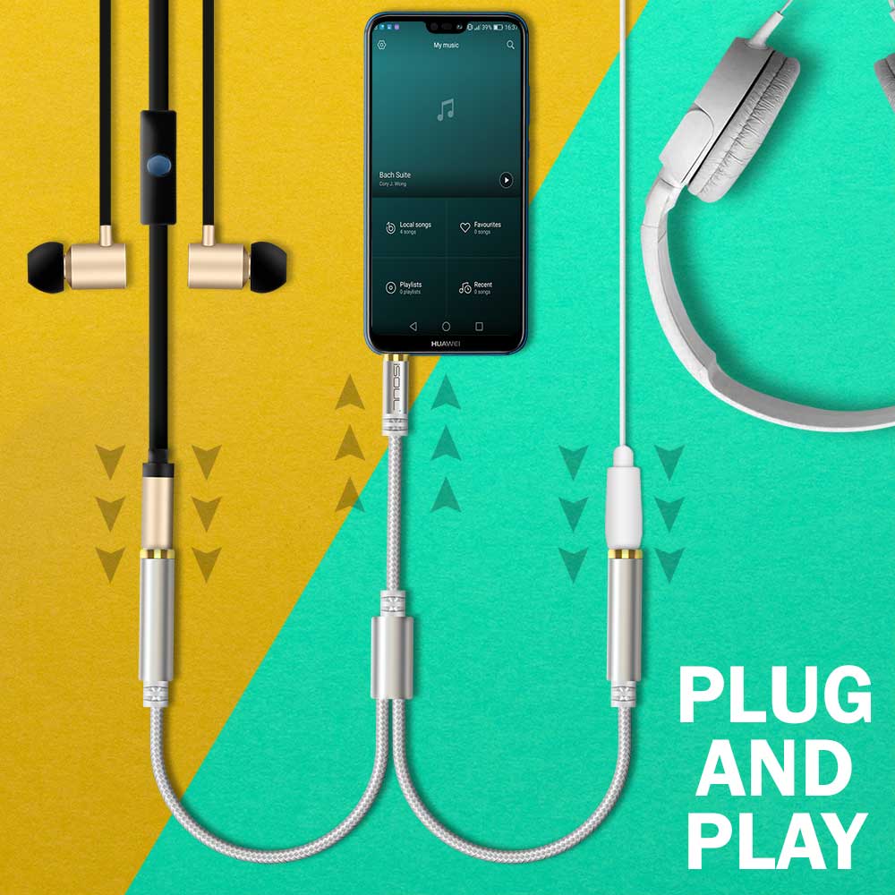 iSOUL 3.5 mm Audio Jack Splitter for Headphones Silver Braided