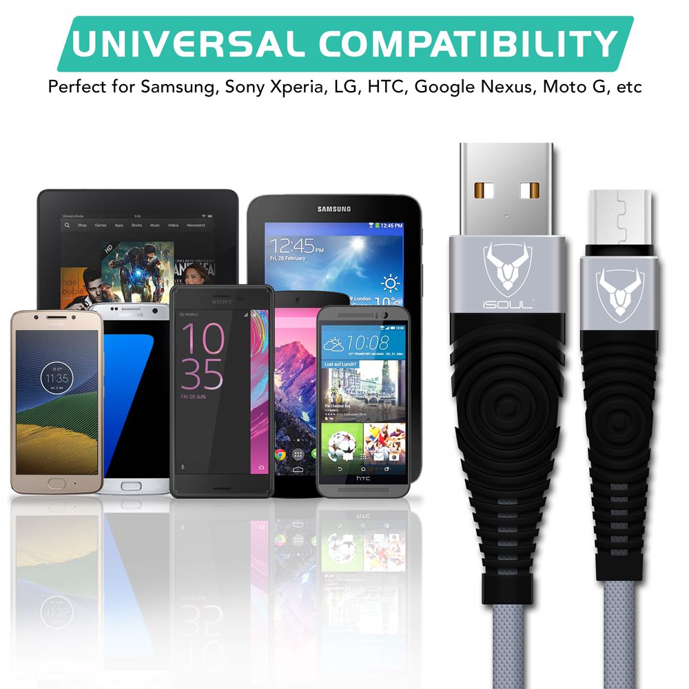 Heavy Duty Nylon Braided Micro USB Cable for Data Sync and Fast Charging - iSOUL