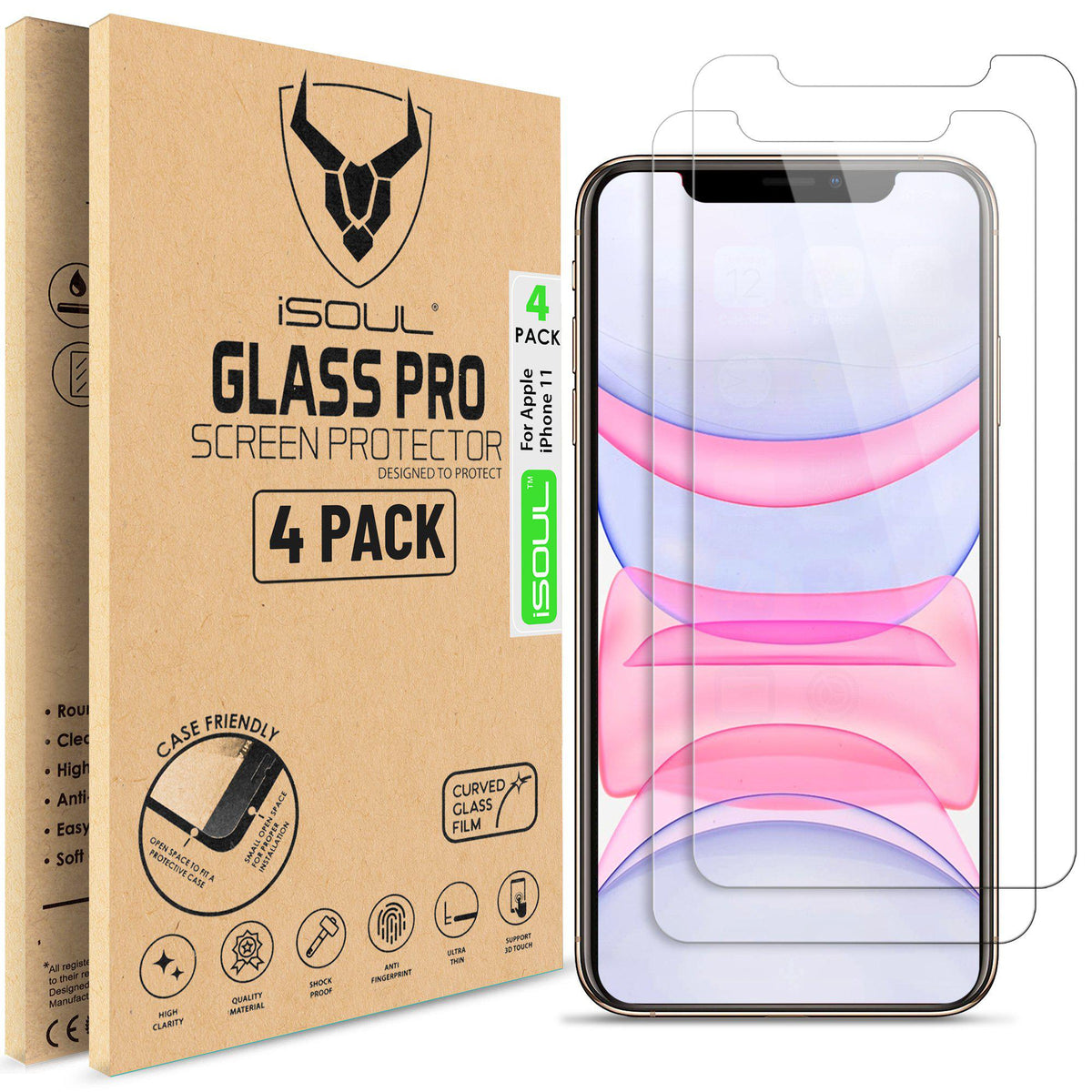iPhone 11/XR Screen Protector 6.1Inch, Tempered Glass HD Film, 4Pack