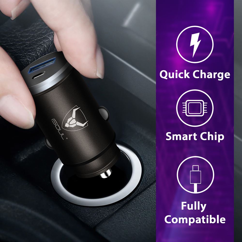 Fast Charging Dual Port C type USB Car Charger with PD Technology - iSOUL