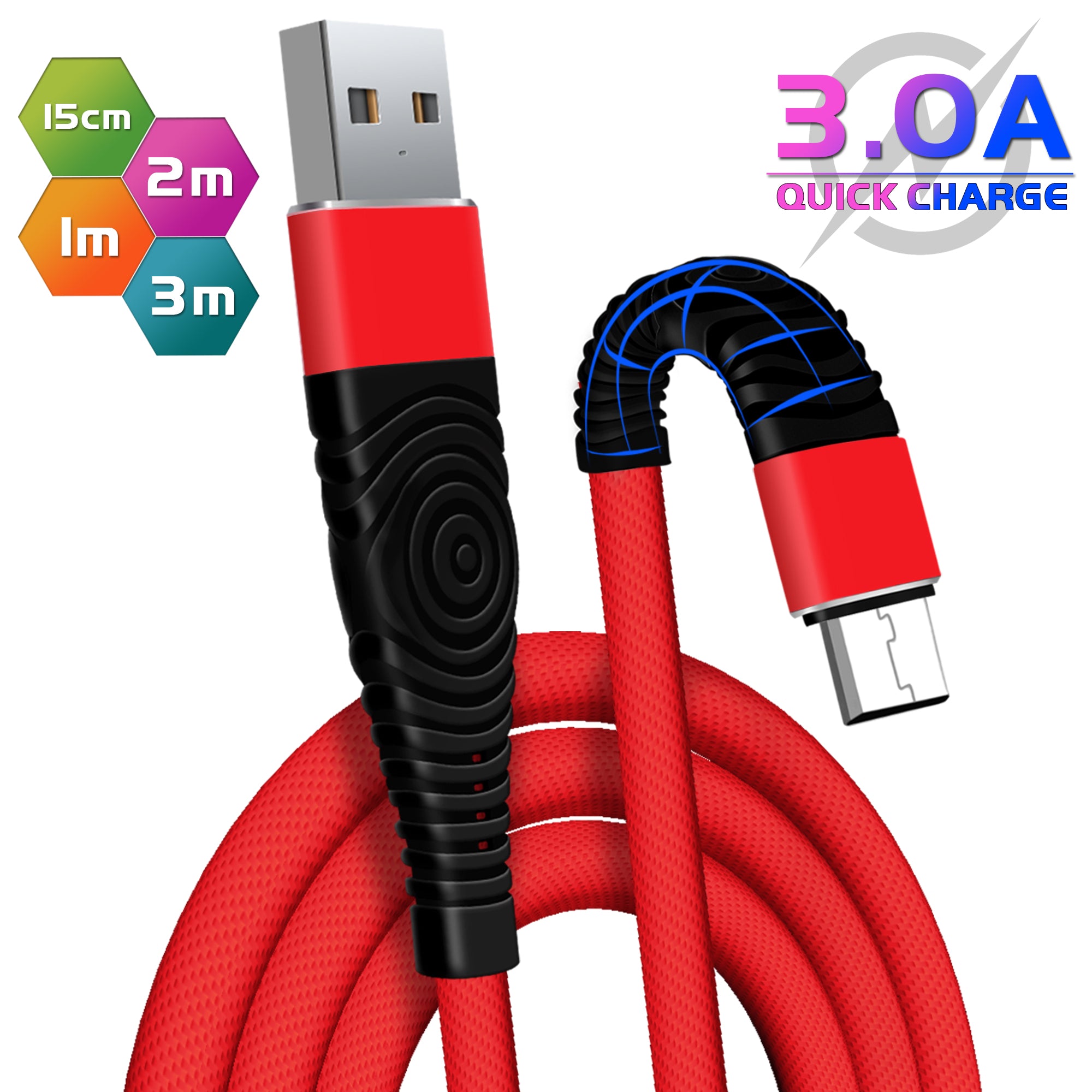 Câble textile chargeur micro usb, 2 m noir rouge EVOLOGY
