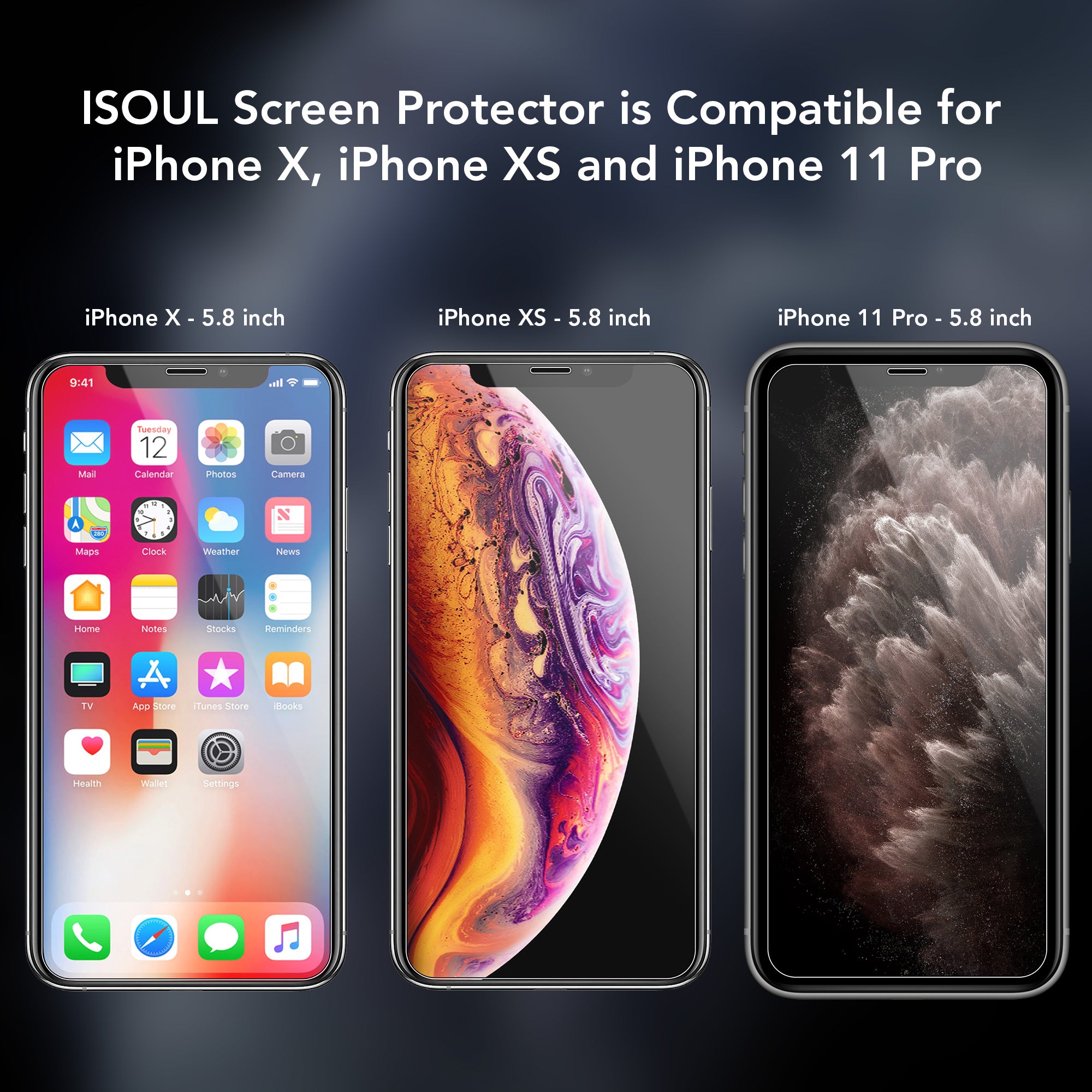 Screen Protector for iPhone 11 Pro / X / XS 5.8" Inch, iSOUL Tempered Glass HD Film